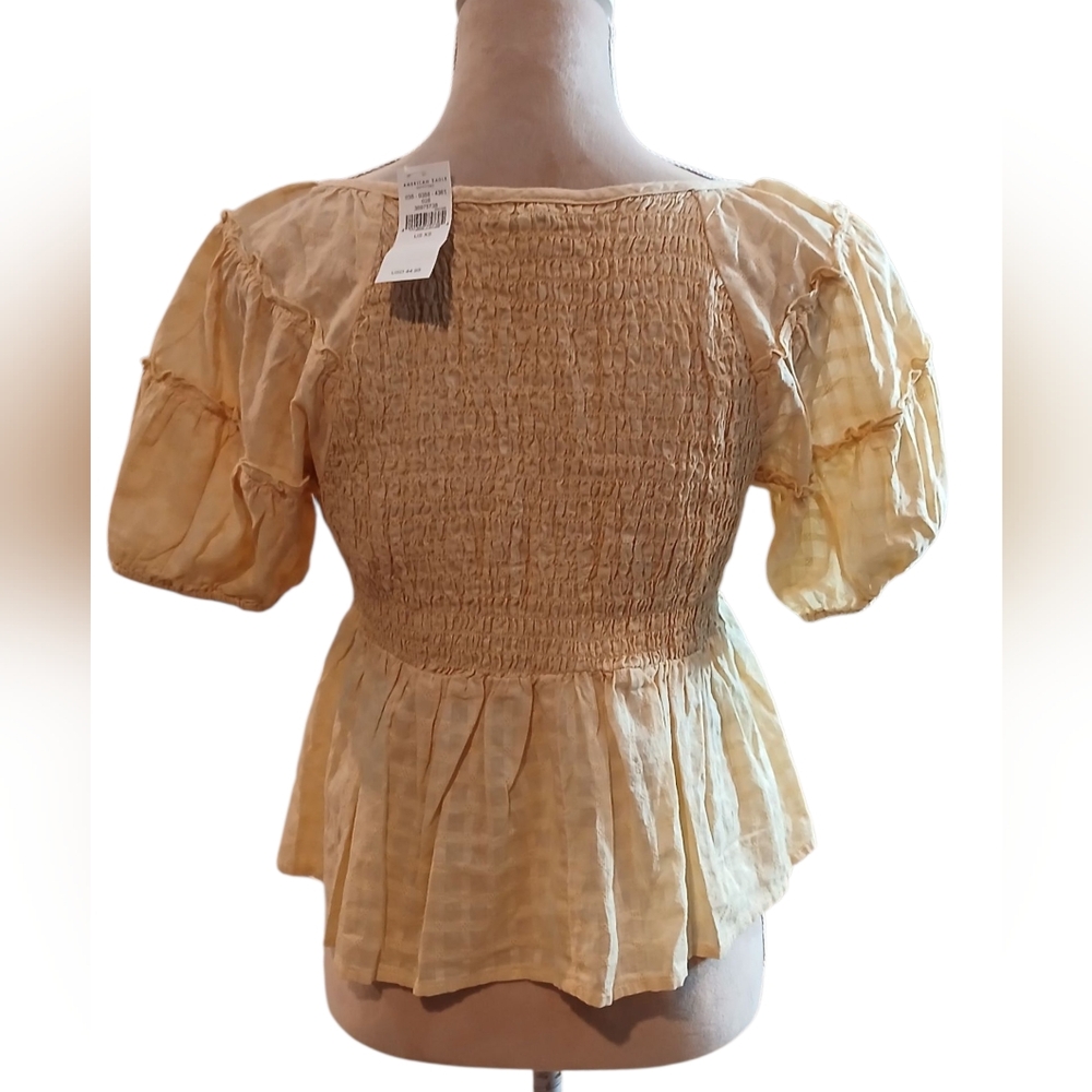 American Eagle Smocked Ruffle Cropped Puff Sleeve Peplum Henly Shirt Cottagecore - Picture 3 of 11